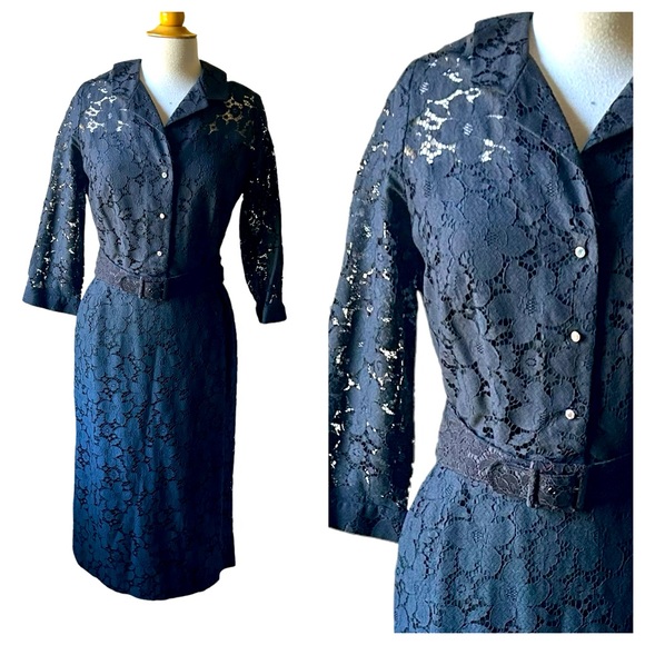 Vintage 1950s Sir James Black Lace Sheath Midi Dress - Medium - Picture 1 of 9